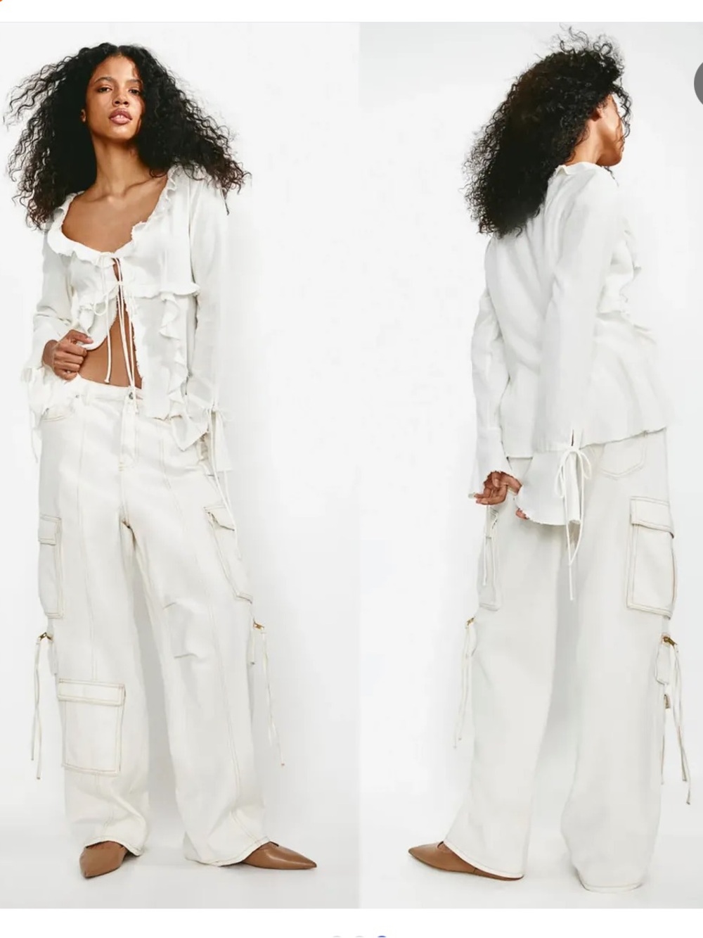 H&M Divided linen blend flounce trimmed ruffle blouse